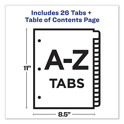 Avery Customizable TOC Ready Index Multicolor Tab Dividers, 26-Tab, A to Z, 11 x 8.5, White, Contemporary Color Tabs, 1 Set (AVE11844)