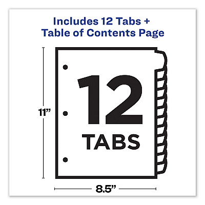 Avery Customizable TOC Ready Index Multicolor Tab Dividers, 12-Tab, 1 to 12, 11 x 8.5, White, Contemporary Color Tabs, 1 Set (AVE11843)