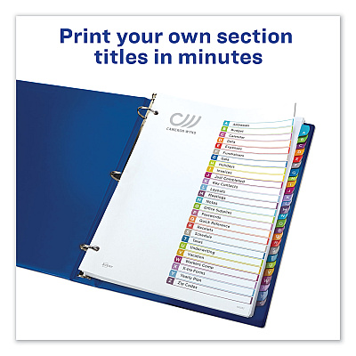 Avery Customizable TOC Ready Index Multicolor Tab Dividers, 26-Tab, A to Z, 11 x 8.5, White, Contemporary Color Tabs, 1 Set (AVE11844)