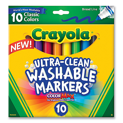 Crayola Ultra-Clean Washable Markers, Broad Bullet Tip, Assorted Colors, 10/Pack (CYO587851)