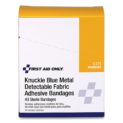 First Aid Only Blue Metal Detectable Fabric Adhesive Bandages, Four-Wing Knuckle, 1.5 x 3, 40/Box (FAOG174)