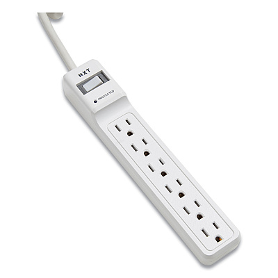 NXT Technologies Surge Protector, 6 AC Outlets, 2.5 ft Cord, 500 J, White, 2/Pack (NXT24324332)