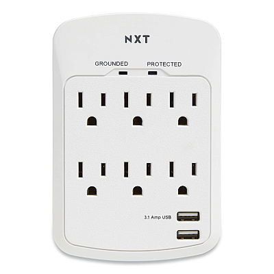 NXT Technologies Wall-Mount Surge Protector, 6 AC Outlets/2 USB Ports, 1,200 J, White (NXT24324334)