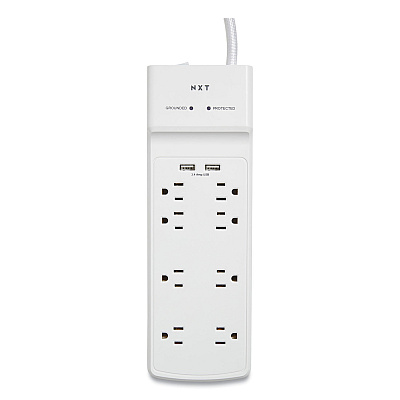 NXT Technologies Surge Protector, 8 AC Outlets/2 USB Ports, 6 ft Cord, 2,100 J, White (NXT24324337)