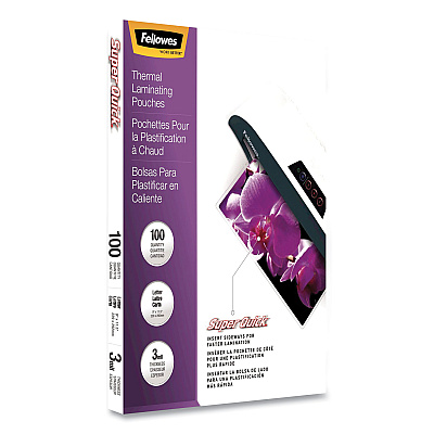 Fellowes SuperQuick Thermal Laminating Pouches, 3 mil, 9" x 11.5", Gloss Clear, 100/Pack (FEL5245801)
