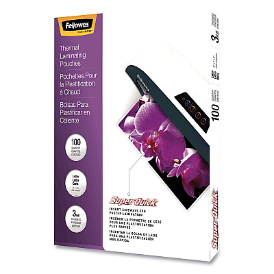 Fellowes SuperQuick Thermal Laminating Pouches, 3 mil, 9" x 11.5", Gloss Clear, 100/Pack (FEL5245801)