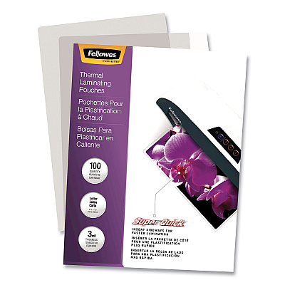 Fellowes SuperQuick Thermal Laminating Pouches, 3 mil, 9" x 11.5", Gloss Clear, 100/Pack (FEL5245801)