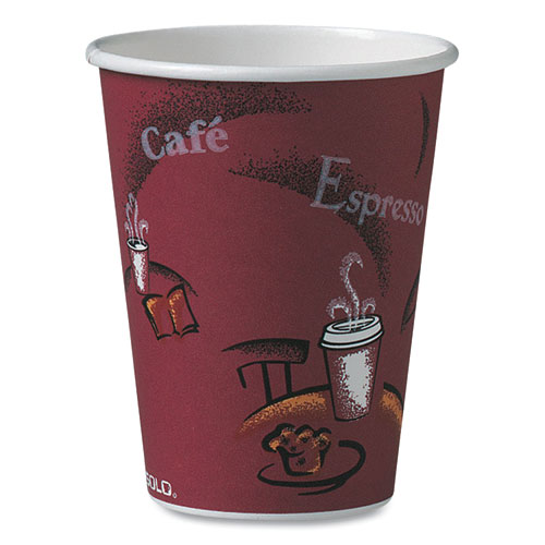 Solo Paper Hot Drink Cups in Bistro Design, 12 oz, Maroon, 50/Bag, 20 Bags/Carton (412SIN)