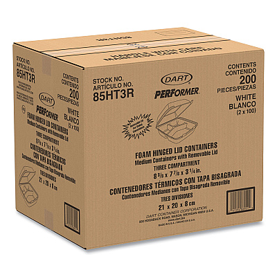Dart Foam Hinged Lid Containers, 3-Compartment, 8.38 x 7.78 x 3.25, 200/Carton (DCC85HT3R)