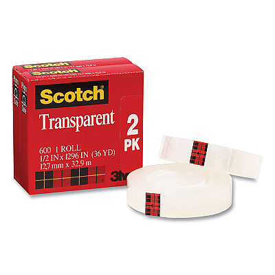 Scotch Transparent Tape, 1" Core, 0.5" x 36 yds, Crystal Clear, 2/Pack (MMM600H2)