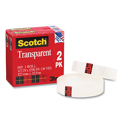 Scotch Transparent Tape, 1" Core, 0.5" x 36 yds, Crystal Clear, 2/Pack (MMM600H2)