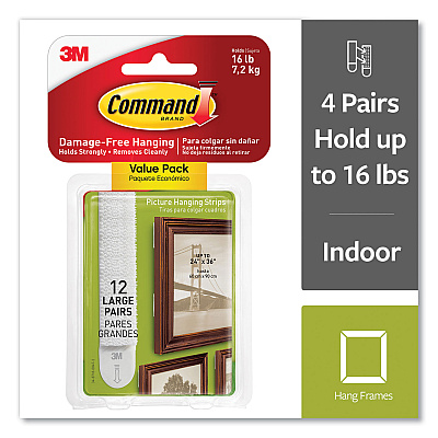 Command Picture Hanging Strips, Large, Removable, Holds Up to 4 lbs per Pair, 0.75 x 3.65, White, 12 Pairs/Pack (MMM1720612ES)