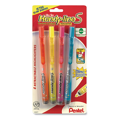 Pentel Ultra-Slim Handy-line S Retractable/Refillable Highlighters, Assorted Ink Colors, Chisel Tip, Assorted Barrel Colors, 4/PK (PENSXS15BPS4M)