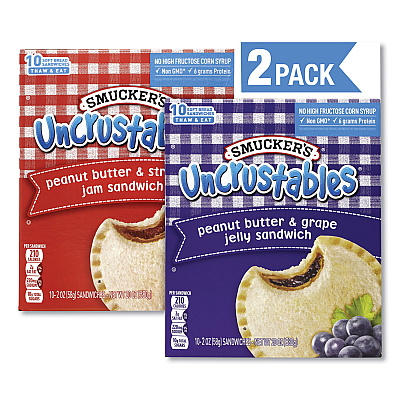 Smucker's UNCRUSTABLES Soft Bread Sandwiches, Grape/Strawberry, 2 oz, 10 Sandwiches/Pack, 2 Packs/Box (GRR90300134)