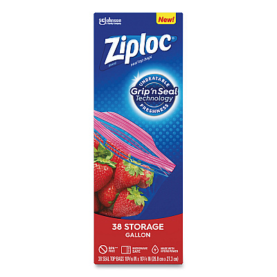 Ziploc Double Zipper Storage Bags, Triple System Seal, Gallon, 10.56" x 10.75", Clear, 38 Bags/Box, 9 Boxes/Carton (383233)