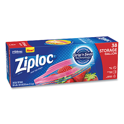 Ziploc Double Zipper Storage Bags, Triple System Seal, Gallon, 10.56" x 10.75", Clear, 38 Bags/Box, 9 Boxes/Carton (383233)