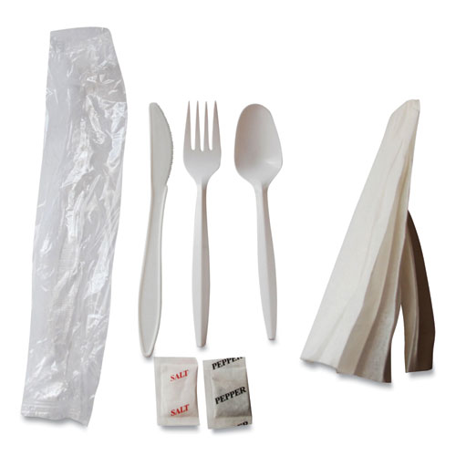 Berkley Square Mediumweight Cutlery Kit, Plastic Fork/Spoon/Knife/Salt/Pep/Napkin, White, 250/Carton (1171241)