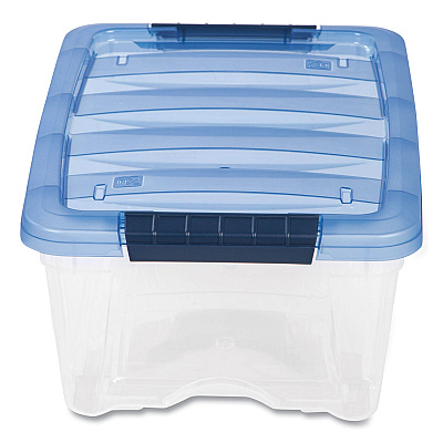 IRIS Stack and Pull Latching Flat Lid Storage Box, 3.23 gal, 10.9" x 16.5" x 6.5", Clear/Translucent Blue (IRS100306)