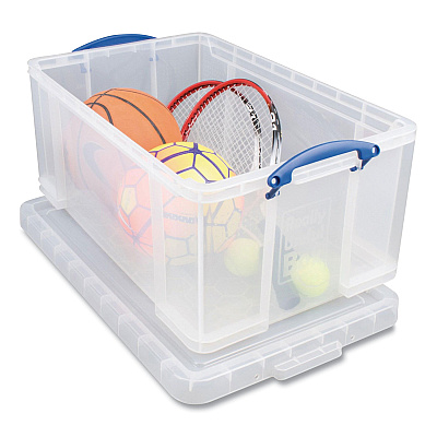 Really Useful Box Snap-Lid Storage Bin, 16.9 gal, 17.31" x 28" x 12.25", Clear/Blue (RUA64CCB)