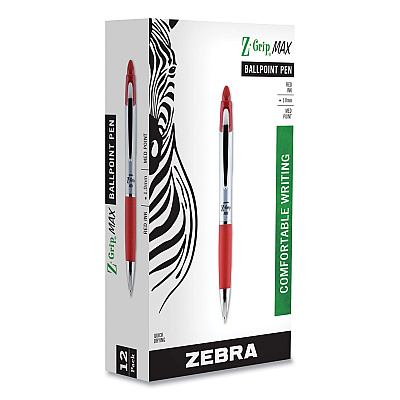 Zebra Z-Grip MAX Ballpoint Pen, Retractable, Medium 1 mm, Red Ink, Silver/Red Barrel, 12/Pack (ZEB22430)