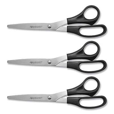 Westcott All Purpose Stainless Steel Scissors, 8" Long, 3.5" Cut Length, Offset Black Handle, 3/Pack (ACM16907)