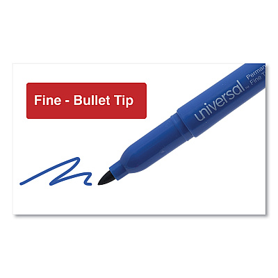 Universal Pen-Style Permanent Marker, Fine Bullet Tip, Blue, Dozen (UNV07073)