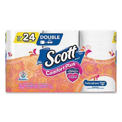Scott ComfortPlus Toilet Paper, Double Roll, Bath Tissue, Septic Safe, 1-Ply, White, 231 Sheets/Roll, 12 Rolls/Pack, 4 Packs/Carton (KCC47618)