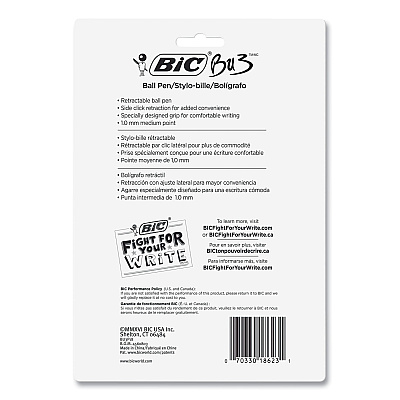 BIC BU3 Ballpoint Pen, Retractable, Medium 1 mm, Black Ink, Smoke/Black Barrel, 18/Pack (BICBU3P18BLK)