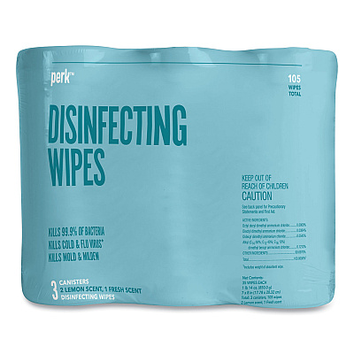 Perk Disinfecting Wipes, 7 x 8, Fresh/Lemon, White, 35 Wipes/Canister, 3 Canisters/Pack (PRK24411132)