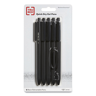 TRU RED Quick Dry Gel Pen, Retractable, Extra-Fine 0.38 mm, Black Ink, Black Barrel, 5/Pack (TUD24399731)