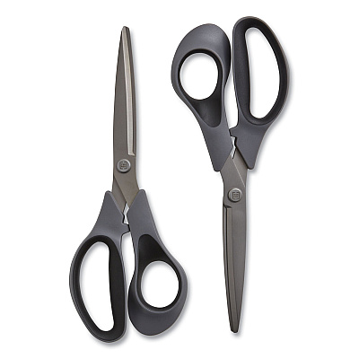 TRU RED Non-Stick Titanium-Coated Scissors, 8" Long, 3.86" Cut Length, Straight Gray/Black Handle, Gun-Metal Gray Blades, 2/Pack (TUD24380514)