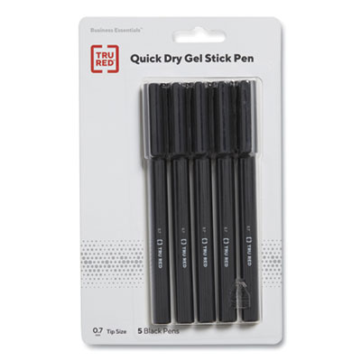 TRU RED Quick Dry Gel Pen, Stick, Medium 0.7 mm, Black Ink, Black Barrel, 5/Pack (TUD24377017)