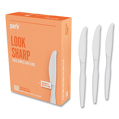 Perk Heavyweight Plastic Cutlery, Knives, White, 100/Pack (PRK24390996)