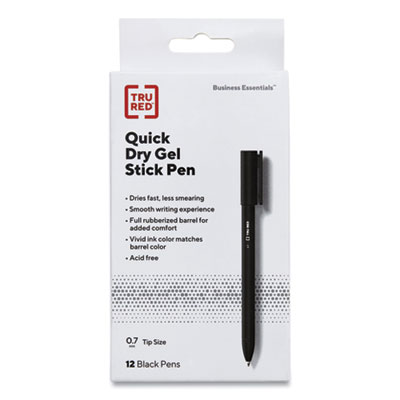 TRU RED Quick Dry Gel Pen, Stick, Medium 0.7 mm, Black Ink, Black Barrel, Dozen (TUD24377020)