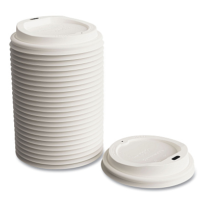 Perk Compostable Plastic Hot Cup Lids, Fits 10 oz , 12 oz, 16 oz Cups, White, 50/Pack (PRK24394129)