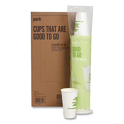 Perk Eco-ID Compostable Paper Hot Cups, 16 oz, White/Green, 50/Pack, 6 Packs/Carton (PRK24394126)