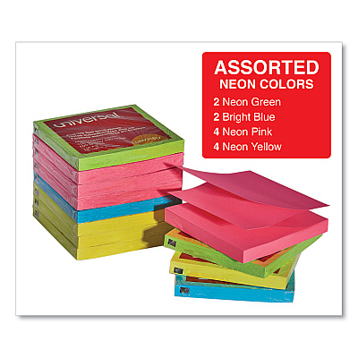 Universal Fan-Folded Self-Stick Pop-Up Note Pads, 3" x 3", Assorted Neon Colors, 100 Sheets/Pad, 12 Pads/Pack (UNV35617)