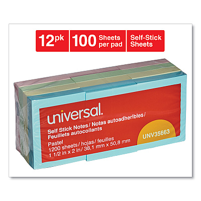 Universal Self-Stick Note Pads, 1.5" x 2", Assorted Pastel Colors, 100 Sheets/Pad, 12 Pads/Pack (UNV35663)