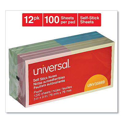 Universal Self-Stick Note Pads, 3" x 3", Assorted Pastel Colors, 100 Sheets/Pad, 12 Pads/Pack (UNV35669)
