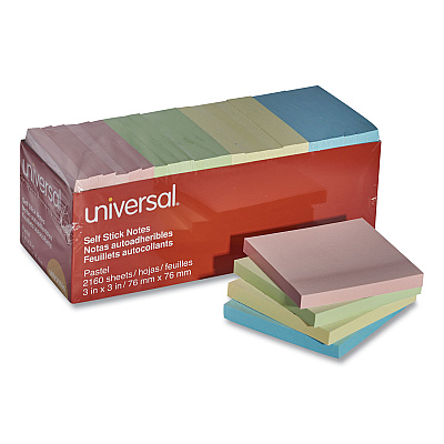 Universal Self-Stick Note Pad Cabinet Pack, 3" x 3", Assorted Pastel Colors, 90 Sheets/Pad, 24 Pads/Pack (UNV35695)