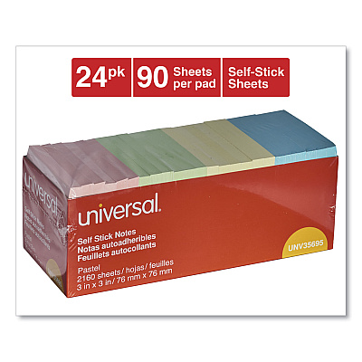 Universal Self-Stick Note Pad Cabinet Pack, 3" x 3", Assorted Pastel Colors, 90 Sheets/Pad, 24 Pads/Pack (UNV35695)