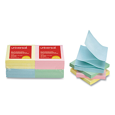 Universal Fan-Folded Self-Stick Pop-Up Note Pads, 3" x 3", Assorted Pastel Colors, 100 Sheets/Pad, 12 Pads/Pack (UNV35619)