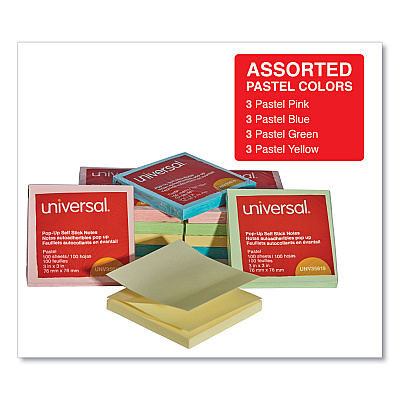 Universal Fan-Folded Self-Stick Pop-Up Note Pads, 3" x 3", Assorted Pastel Colors, 100 Sheets/Pad, 12 Pads/Pack (UNV35619)