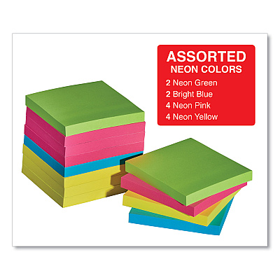 Universal Self-Stick Note Pads, 3" x 3", Assorted Neon Colors, 100 Sheets/Pad, 12 Pads/Pack (UNV35612)
