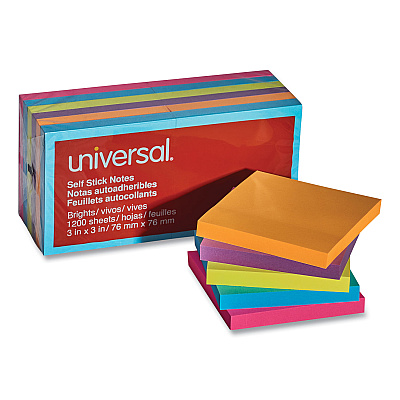 Universal Self-Stick Note Pads, 3" x 3", Assorted Bright Colors, 100 Sheets/Pad, 12 Pads/Pack (UNV35610)