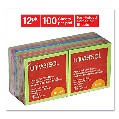 Universal Fan-Folded Self-Stick Pop-Up Note Pads, 3" x 3", Assorted Neon Colors, 100 Sheets/Pad, 12 Pads/Pack (UNV35617)
