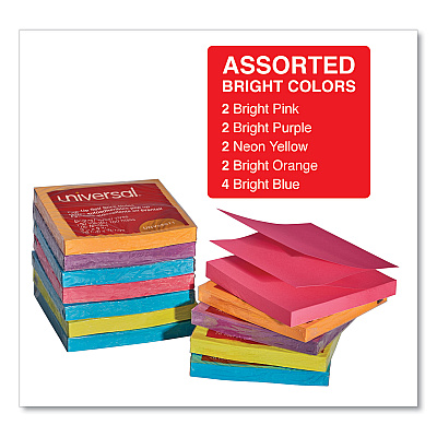 Universal Fan-Folded Self-Stick Pop-Up Note Pads, 3" x 3", Assorted Bright Colors, 100 Sheets/Pad, 12 Pads/Pack (UNV35611)