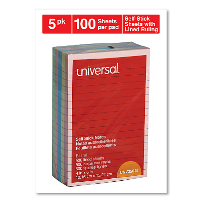 Universal Self-Stick Note Pads, Note Ruled, 4" x 6", Assorted Pastel Colors, 100 Sheets/Pad, 5 Pads/Pack (UNV35616)