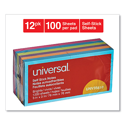 Universal Self-Stick Note Pads, 3" x 3", Assorted Bright Colors, 100 Sheets/Pad, 12 Pads/Pack (UNV35610)