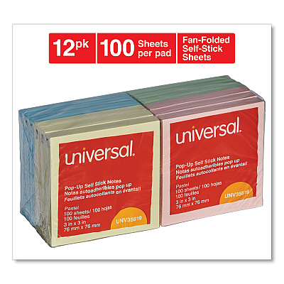 Universal Fan-Folded Self-Stick Pop-Up Note Pads, 3" x 3", Assorted Pastel Colors, 100 Sheets/Pad, 12 Pads/Pack (UNV35619)